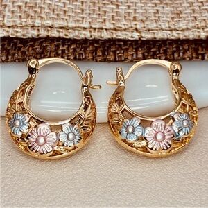 Floral Gold Metallic Enamel Hoop Earrings